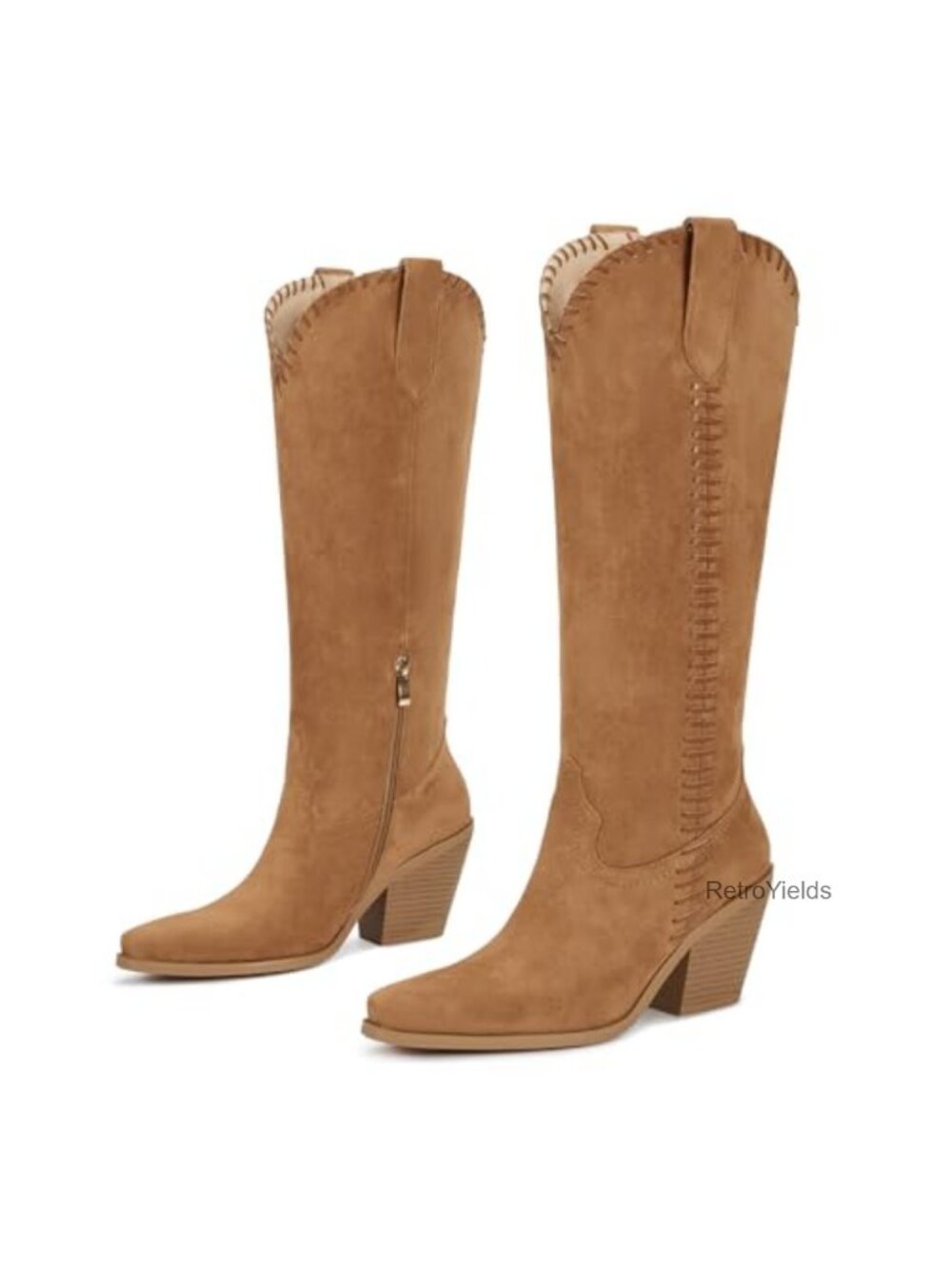 Faux Suede Knee High Western Cowboy Boots Braided Block Heel